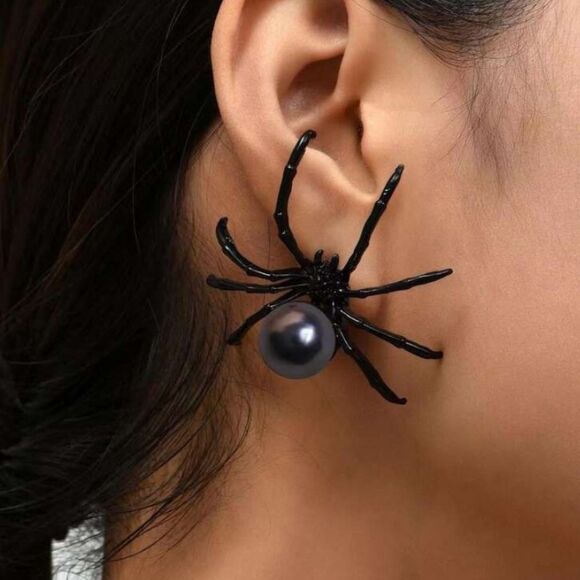 3for$20 2pcs Elegant Halloween Theme Black Faux Pearl Spider Dangle Earrings, - Picture 1 of 5
